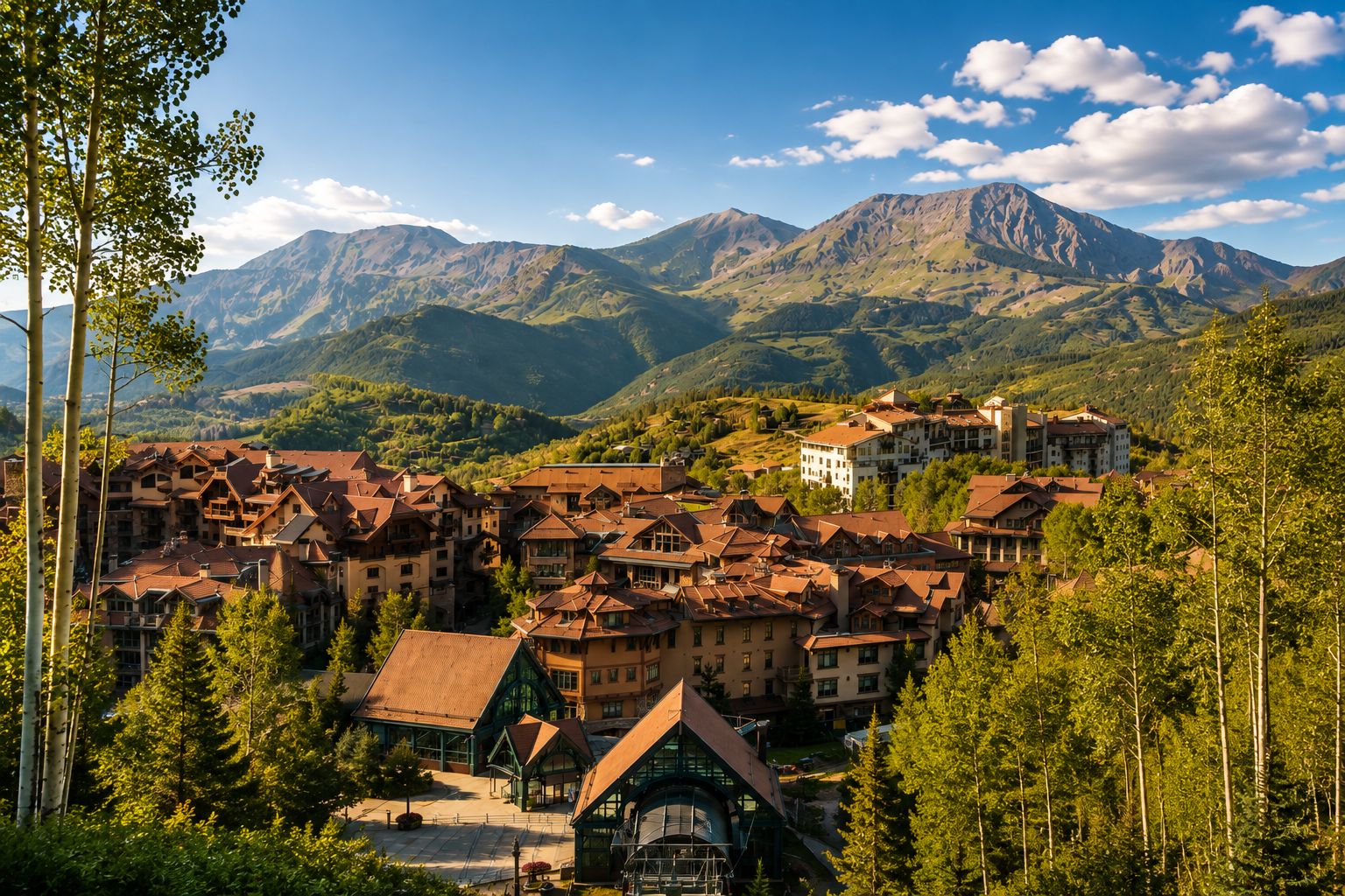 Mountain Village, Colorado seen from above — red-roofed lodges and the gondola station among aspens, with the San Juan Mountains behind