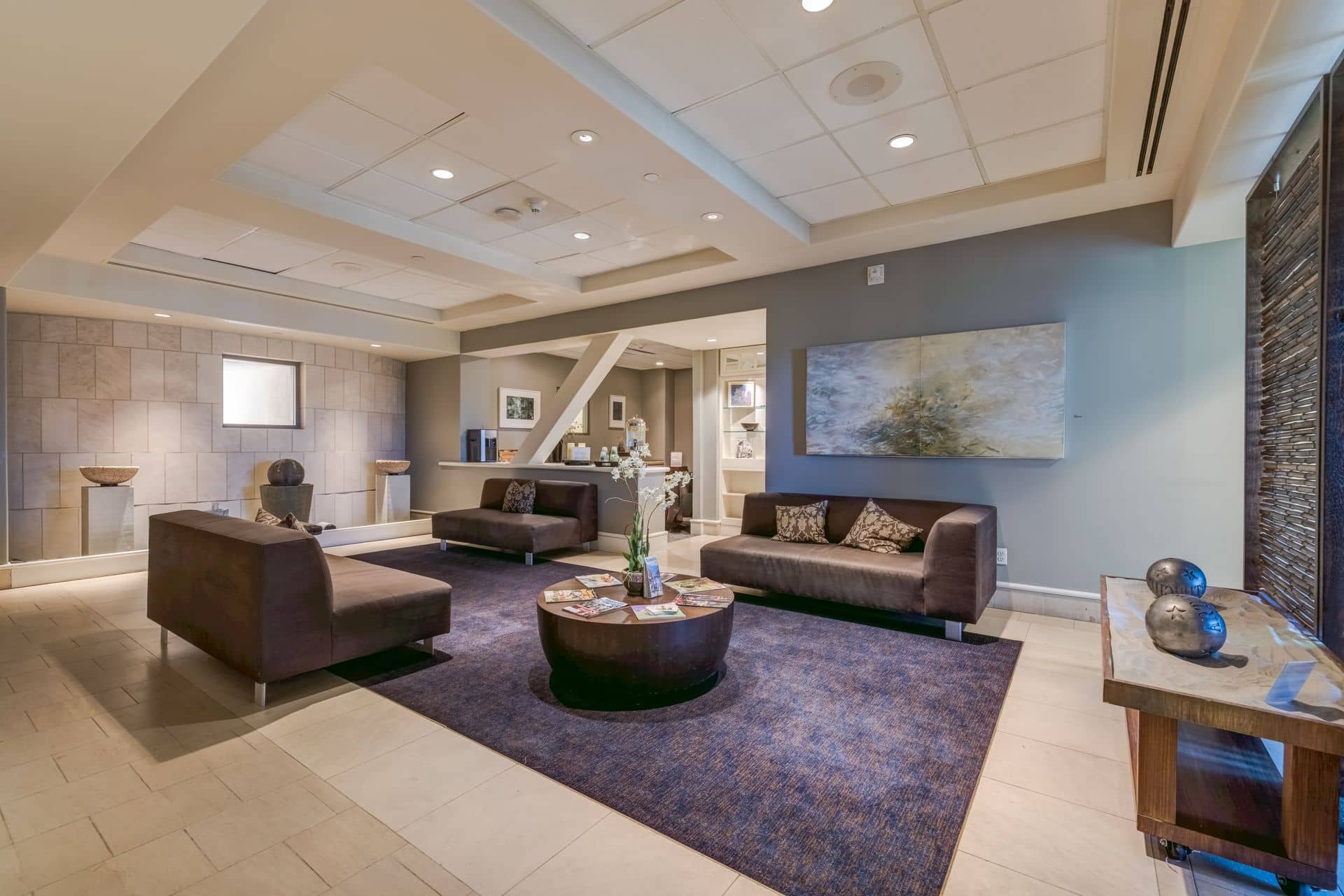 The authentic lobby and relaxation lounge inside The Spa at The Peaks in Mountain Village, Colorado