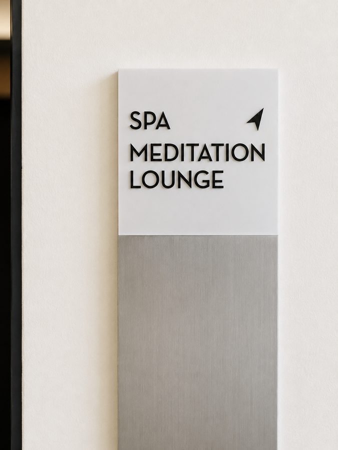 Wayfinding sign at The Spa at The Peaks reading Spa Meditation Lounge, mounted on a limestone wall above a brushed metal panel